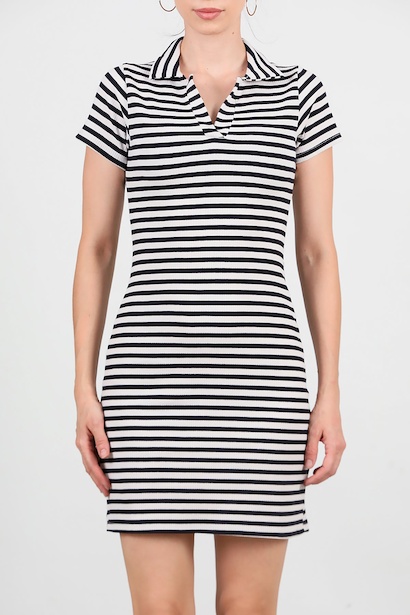 Kadın Çizgili Yakalı Elbise  Siyah 6