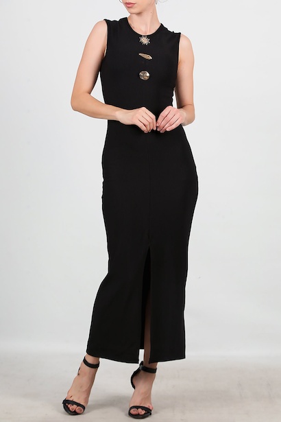 Kadın Gold Düğmeli Ottoman Elbise  Siyah 6