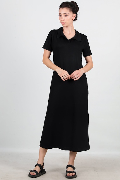 Kadın İki İplik Patlı Yakalı Elbise  Siyah 6