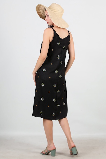 Kadın İp Askılı Keten Elbise  Siyah 6