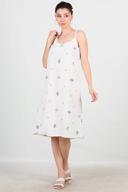 Kadın İp Askılı Keten Elbise 