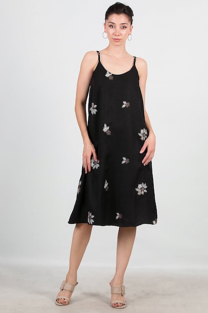 Kadın İp Askılı Desenli Keten Elbise  Siyah 6