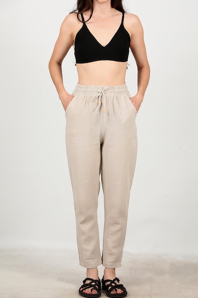 Kadın Dar Paça İnce Keten Pantolon  Taş 6