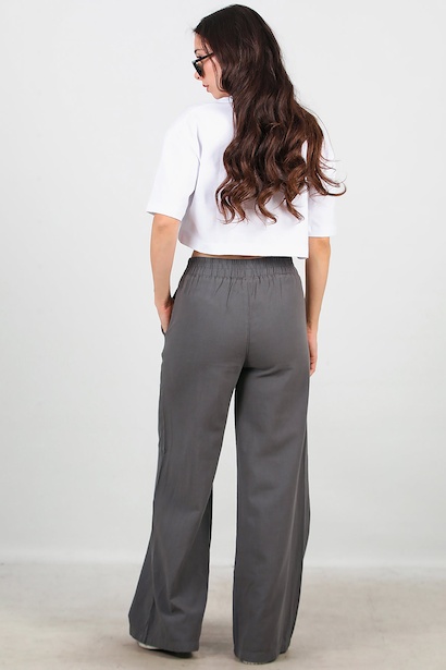 Kadın Bol Paça Keten Pantolon  Füme 6