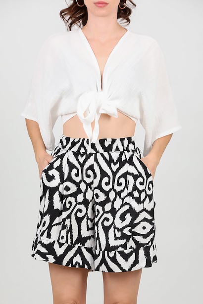 Kadın Desenli Geniş Şort  Siyah 6