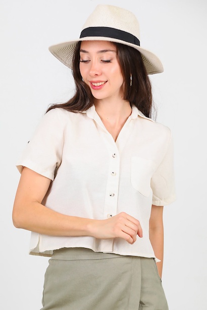 Kadın Yakalı Düğmeli Keten Gömlek 