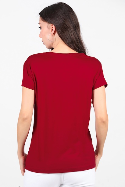 Kadın V Yaka Basıc Tshırt  Bordo 6