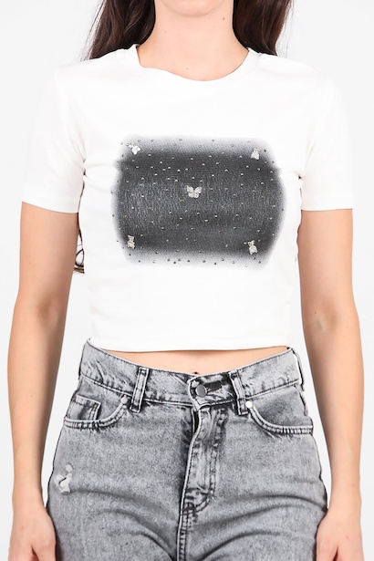 Kadın Taş Baskılı Tshırt  Ekru 6