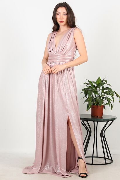 Kadın Yırtmaçlı Simli Uzun Abiye 