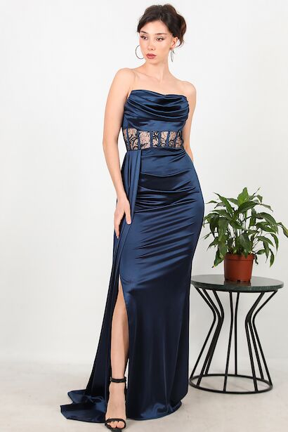 Kadın Bel Dantel Detay Uzun Saten Abiye 