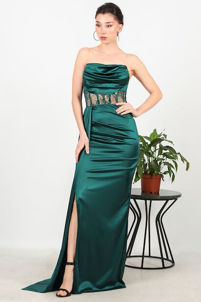 Kadın Bel Dantel Detay Uzun Saten Abiye 