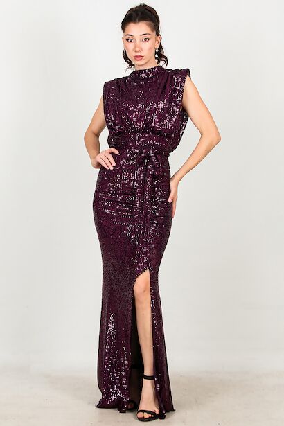 Kadın Yırtmaçlı Kuşaklı Uzun Abiye 