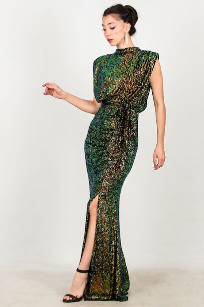 Kadın Yırtmaçlı Kuşaklı Uzun Abiye 