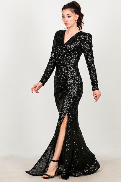 Kadın Uzun Kol Yırtmaçlı Uzun Abiye 