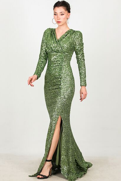 Kadın Uzun Kol Yırtmaçlı Uzun Abiye 