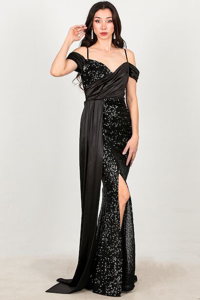 Kadın Saten Detay Düşük Omuz Pullu Abiye 