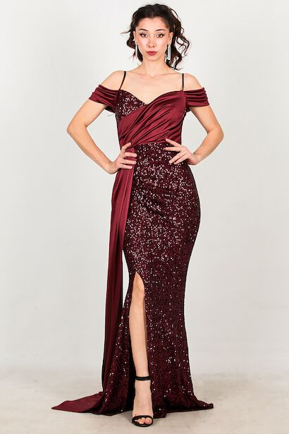 Kadın Saten Detay Düşük Omuz Pullu Abiye 