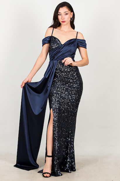 Kadın Saten Detay Düşük Omuz Pullu Abiye 