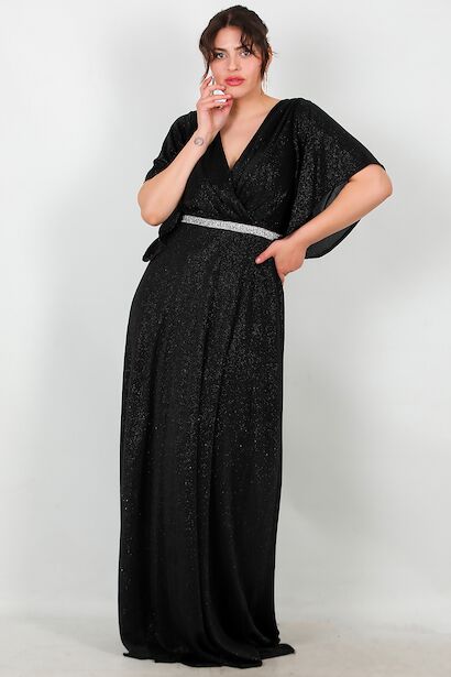 Büyük Beden Beli Taş Şeritli Uzun Abiye 