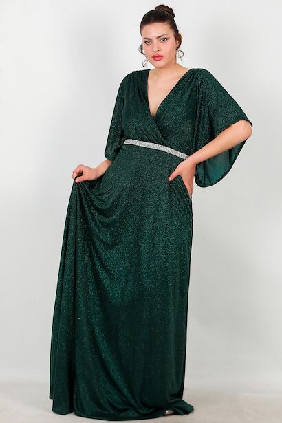 Büyük Beden Beli Taş Şeritli Uzun Abiye 