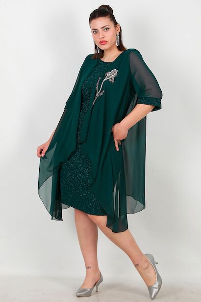 Büyük Beden Çiçek Taş Detay Kısa Abiye 