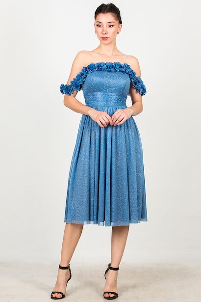 Kadın Yaka Çevresi Çiçekli Simli Kol Tül Abiye 