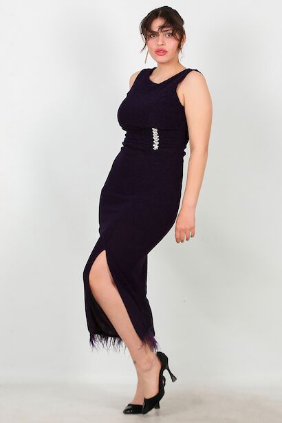 Büyük Beden Tül Detay Bel Aksesuar Midi Abiye 