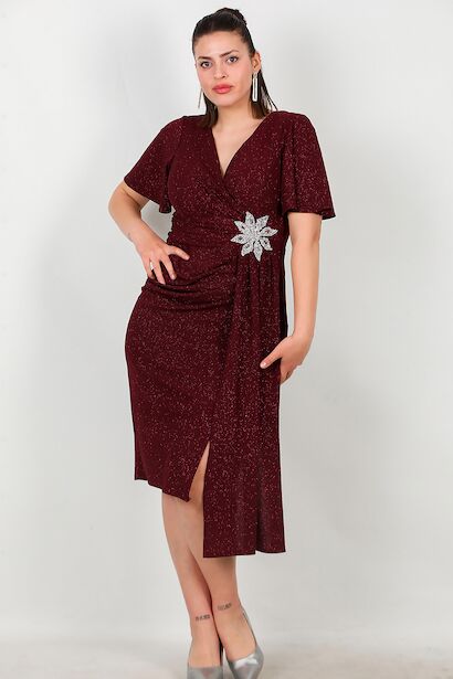 Büyük Beden Beli Çicek Taşlı Midi Boy Abiye 