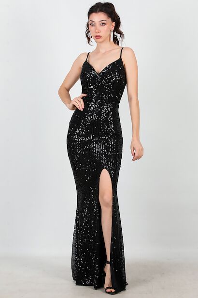 Kadın Kluveze Yaka İp Askılı Pullu Uzun Abiye 