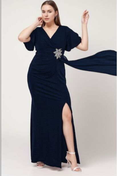 Büyük Beden Bel Çiçek Taşlı Uzun Simli Abiye 