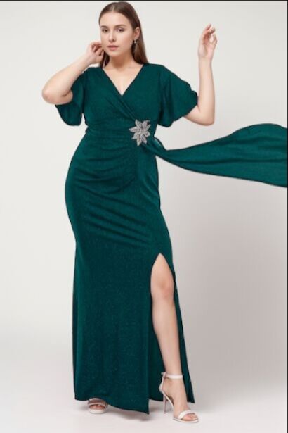 Büyük Beden Bel Çiçek Taşlı Uzun Simli Abiye 