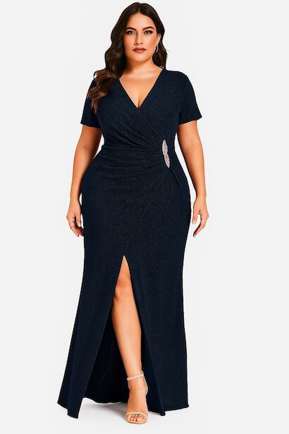 Büyük Beden Beli Taşlı Kısa Kol Uzun Simli Abiye  Lacivert