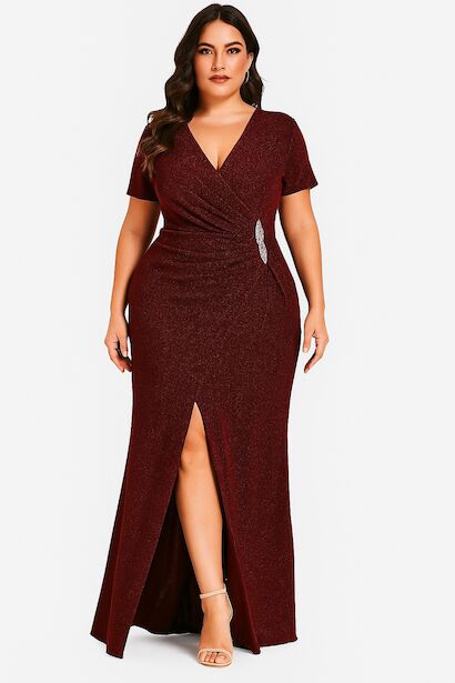 Büyük Beden Beli Taşlı Kısa Kol Uzun Simli Abiye 