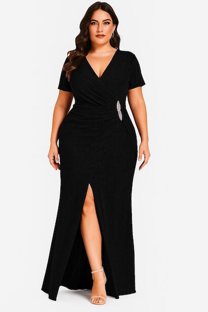 Büyük Beden Beli Taşlı Kısa Kol Uzun Simli Abiye 