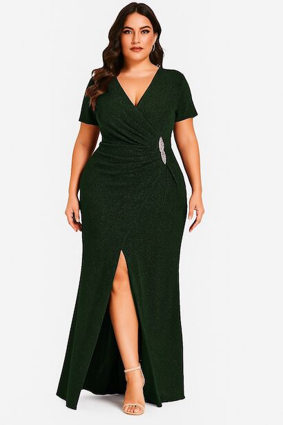 Büyük Beden Beli Taşlı Kısa Kol Uzun Simli Abiye 