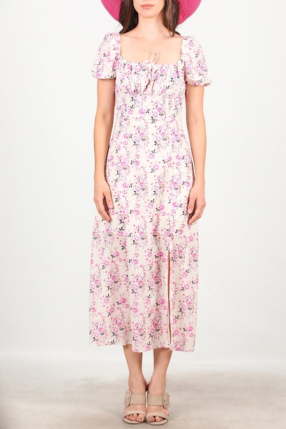 Kadın Çiçek Desenli Elbise  Krem 6