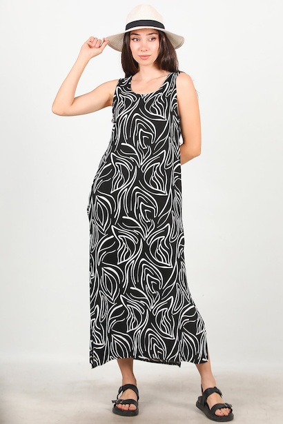 Kadın Kalın Askılı Desenli Uzun Elbise 