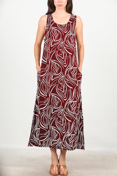 Kadın Kalın Askılı Desenli Uzun Elbise  Bordo 6