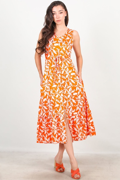 Kadın Kalın Askılı Yırtmaçlı Elbise  Turuncu 6