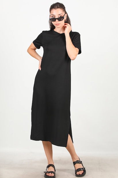 Kadın Bisiklet Yaka Yırtmaçlı Elbise  Siyah 6