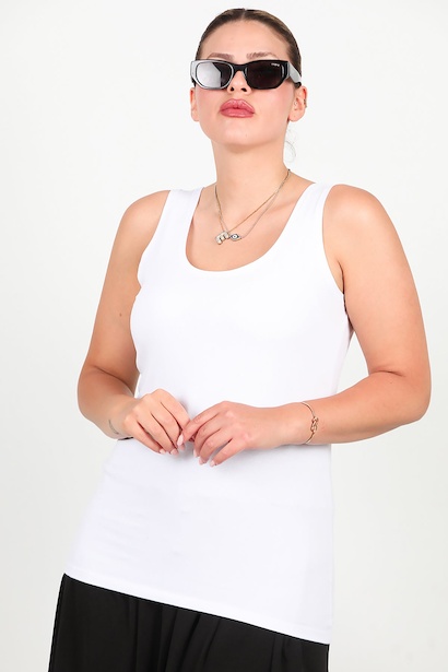 Büyük Beden Kalın Askılı Likralı Bluz  Beyaz 6