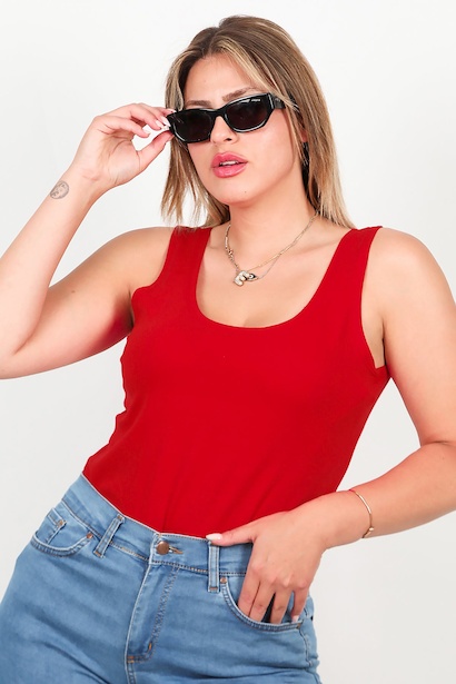 Büyük Beden Kalın Askılı Likralı Bluz 