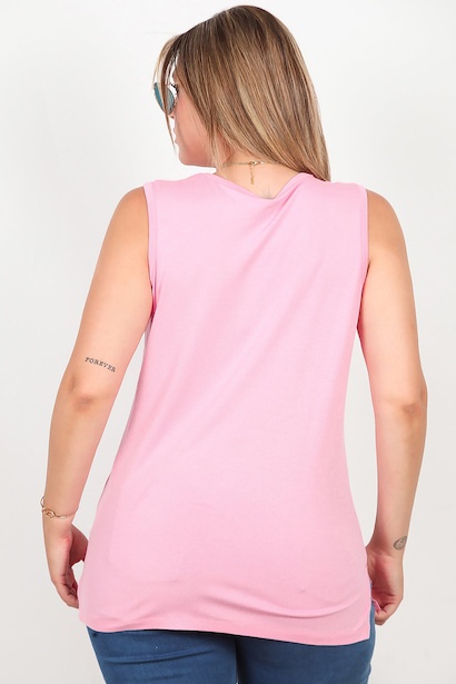 Büyük Beden Kalın Askılı Yırtmaçlı Bluz  Pembe 6