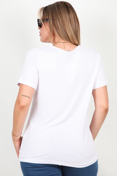 Büyük Beden Kalın V Yaka Bluz  Beyaz 6