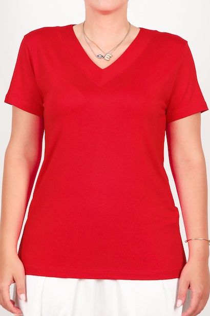 Büyük Beden Kalın V Yaka Bluz  Kırmızı 6