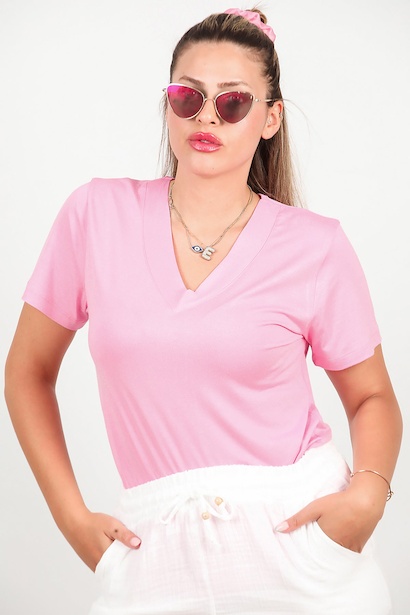 Büyük Beden Kalın V Yaka Bluz  Pembe