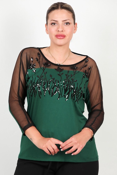 Büyük Beden Tüllü Nakışlı Bluz 