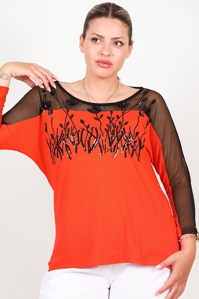 Büyük Beden Tüllü Nakışlı Bluz 