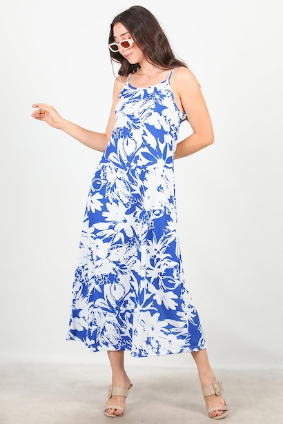 Kadın İp Askılı Desenli Uzun Elbise 