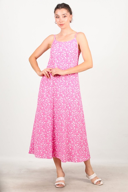 Kadın İp Askılı Desenli Uzun Elbise 